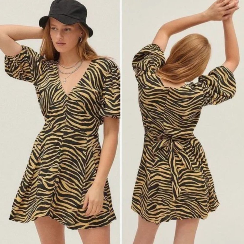 Faithful The Brand Ilia Mini Dress - Zebra Yellow Puff Sleeves